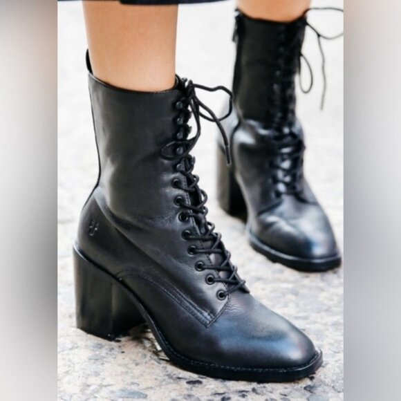 Frye Shoes - $399 Frye Pia Black Leather Combat Lace Up Moto Goth Block Heel Ankle Bootie